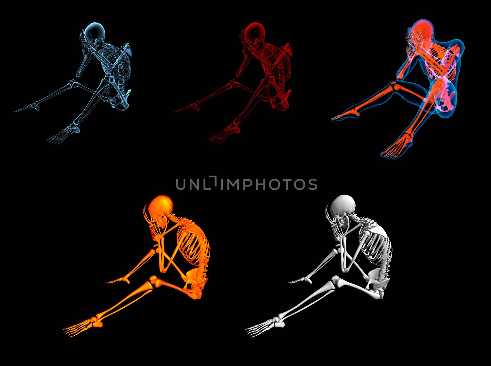 3d rendered blue skeleton of a sitting