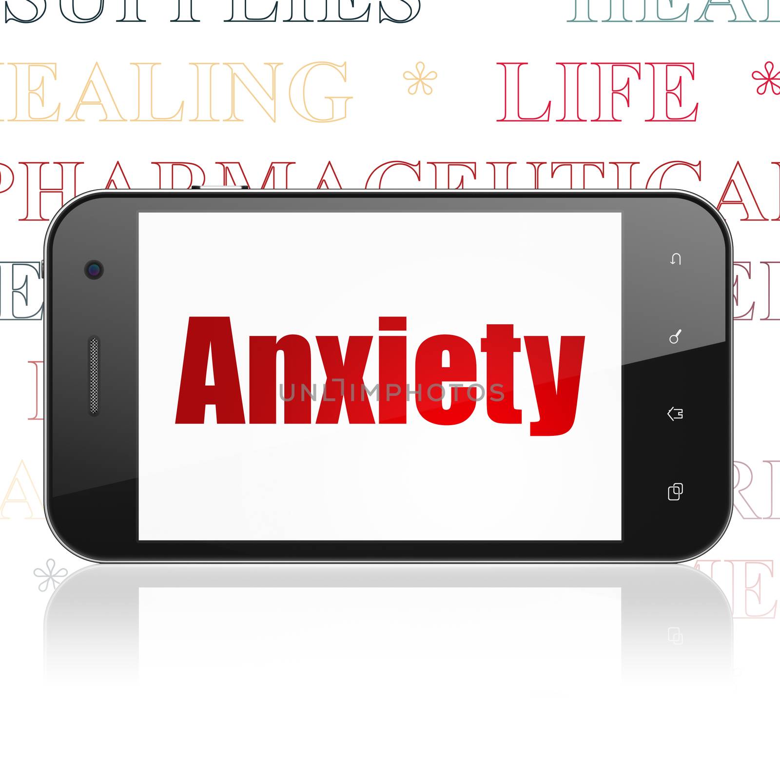 Medicine concept: Smartphone with  red text Anxiety on display,  Tag Cloud background, 3D rendering
