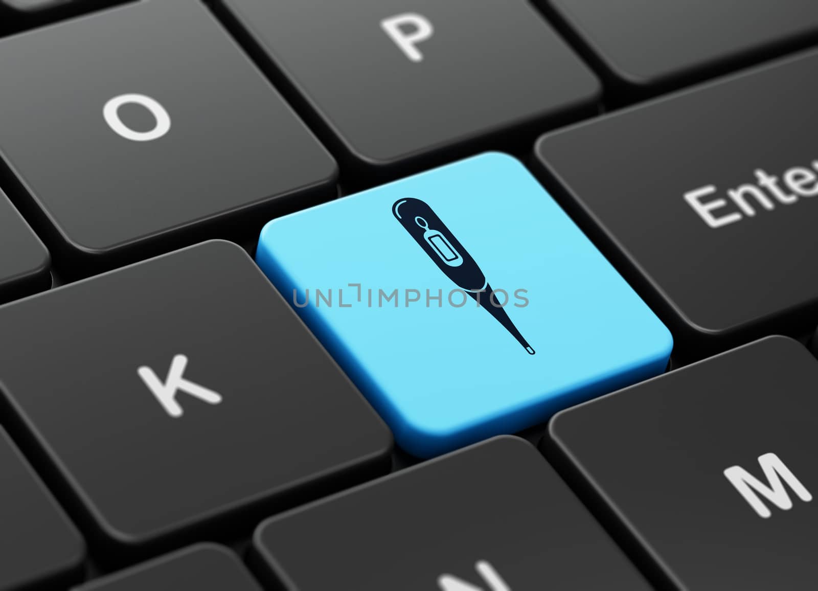 Medicine concept: computer keyboard with Thermometer icon on enter button background, 3D rendering