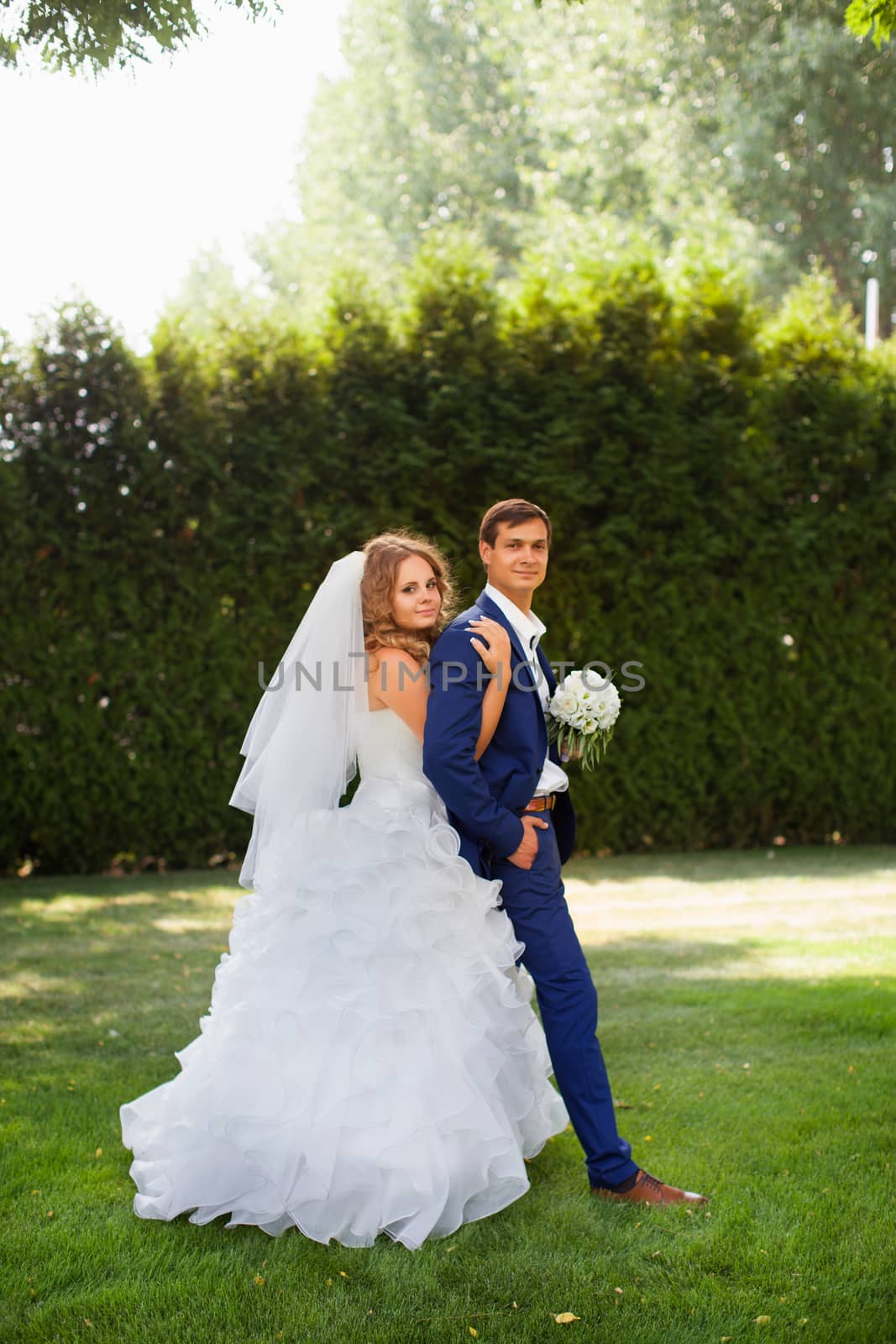 Newlyweds on a walk in the park on a warm sunny day