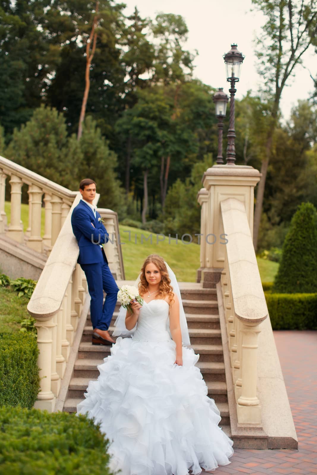 Newlyweds on a walk in the park on a warm sunny day