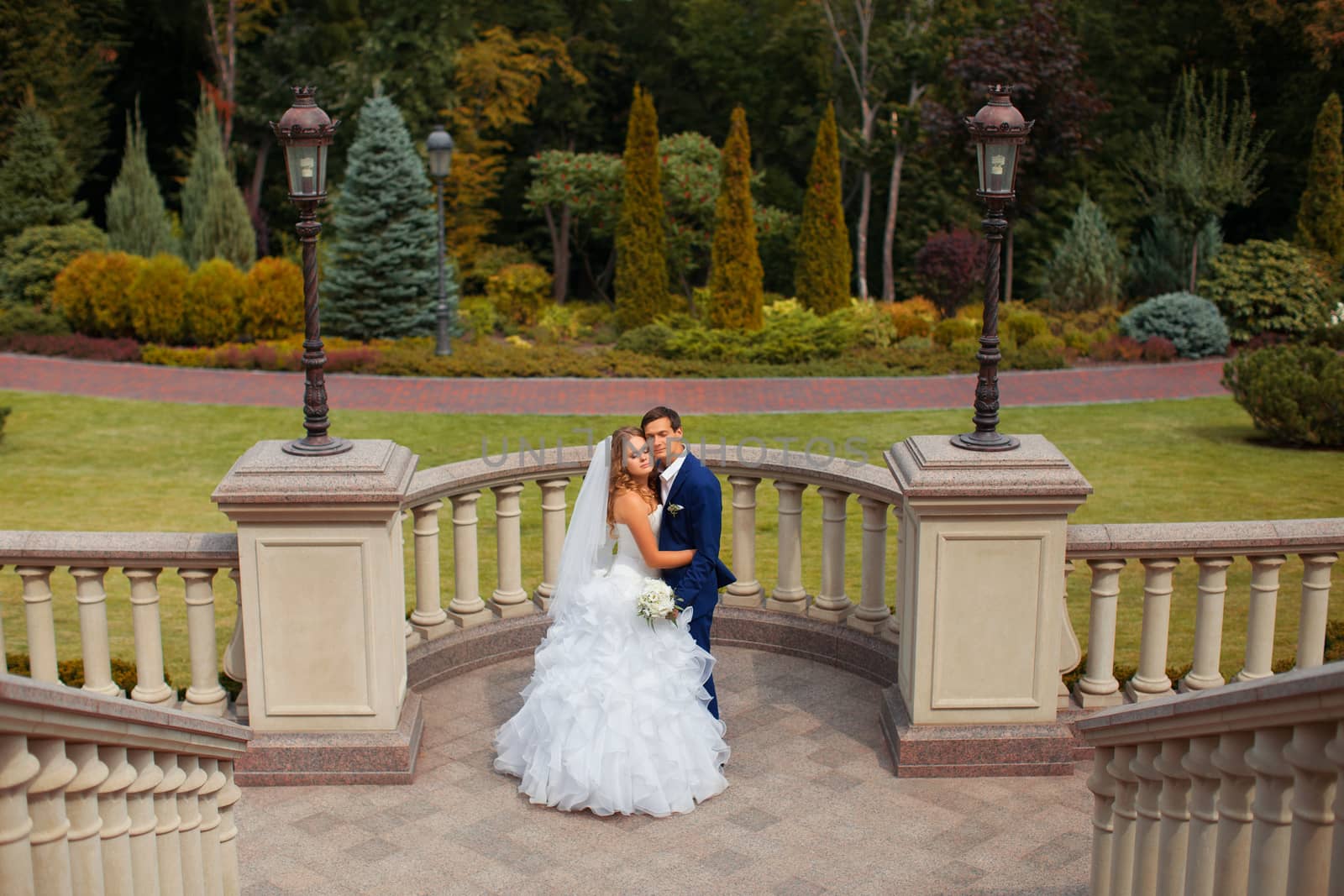 Newlyweds on a walk in the park on a warm sunny day