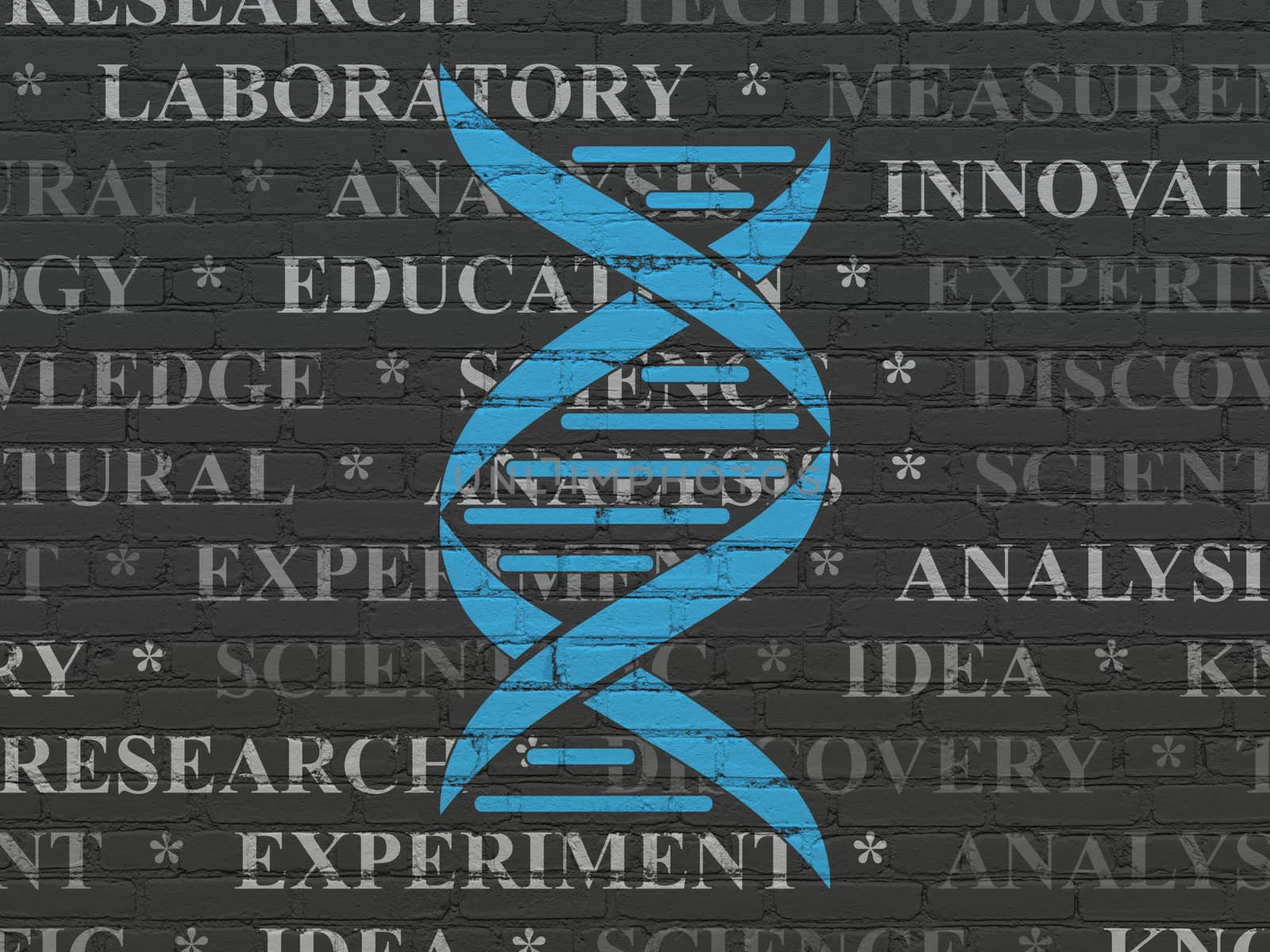 Science concept: Painted blue DNA icon on Black Brick wall background with  Tag Cloud