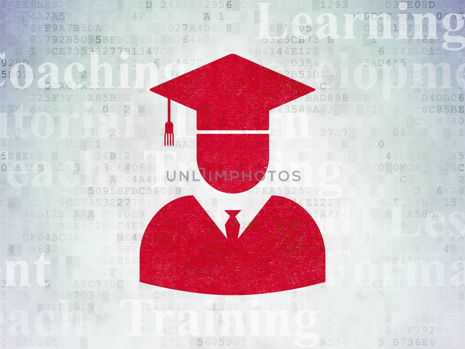 Learning concept: Painted red Student icon on Digital Data Paper background with  Tag Cloud