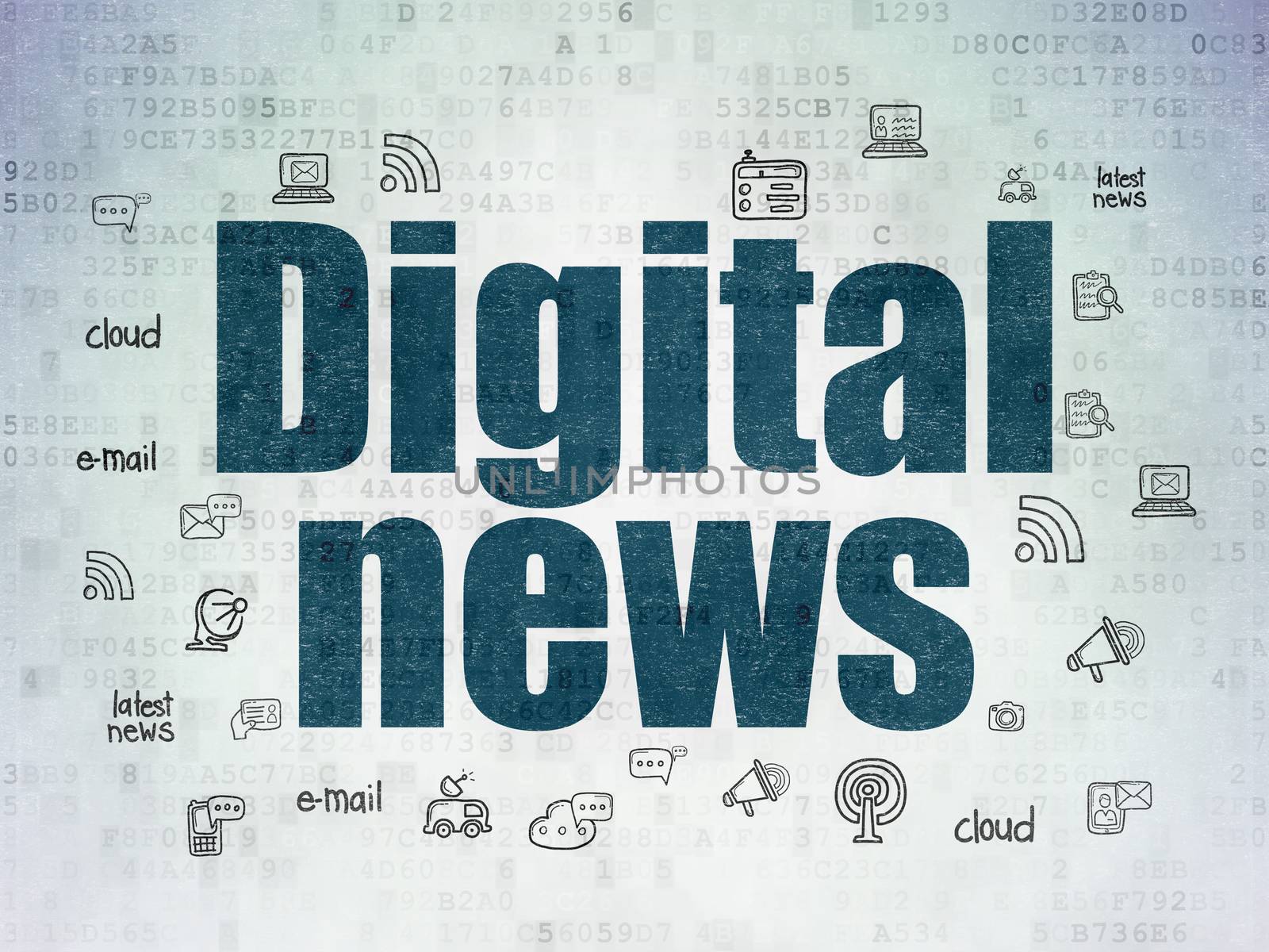 News concept: Painted blue text Digital News on Digital Data Paper background with  Hand Drawn News Icons