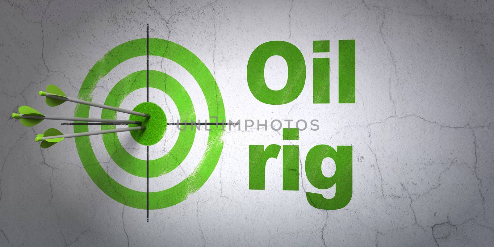 Success Industry concept: arrows hitting the center of target, Green Oil Rig on wall background, 3D rendering