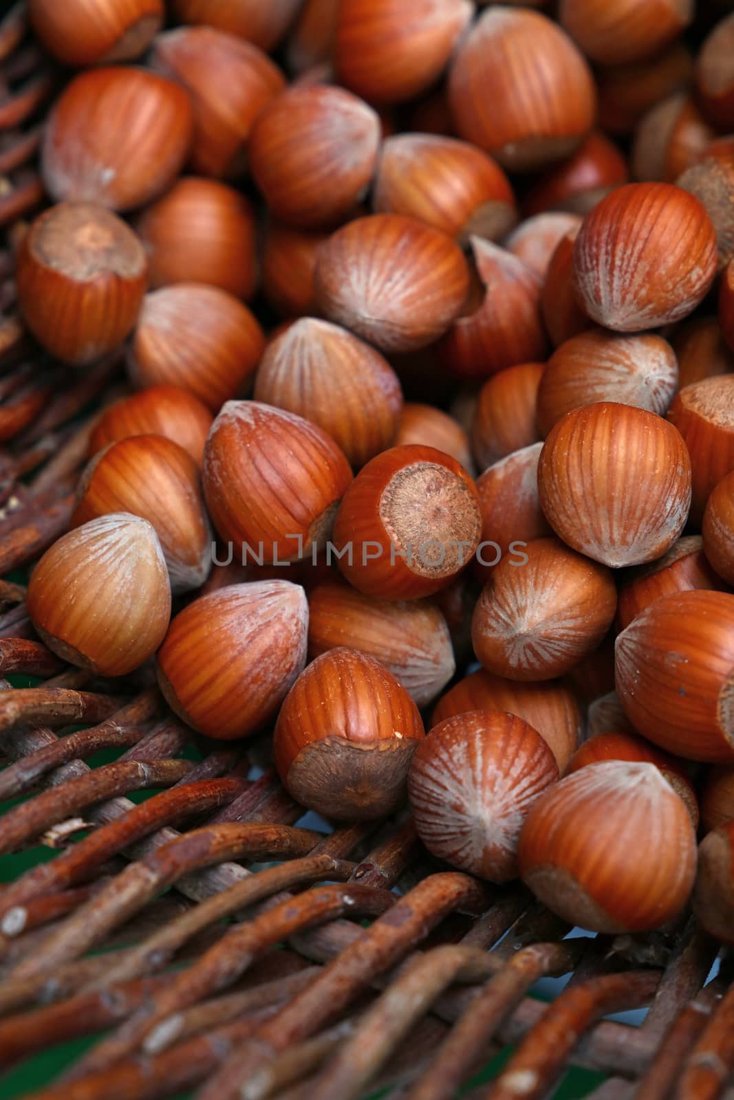 Whole big brown filbert hazelnuts with shell close up in wicker wooden rustic basket, high angle view