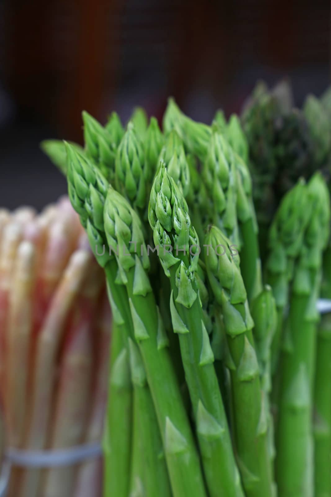 Bundle bunch of fresh green garden asparagus shoots close up, elevated high angle view