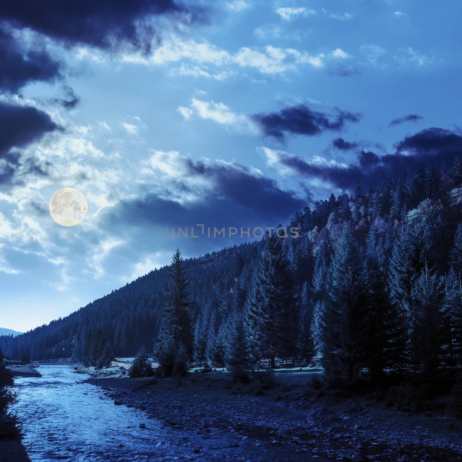 forest river in autumn mountains at night by Pellinni