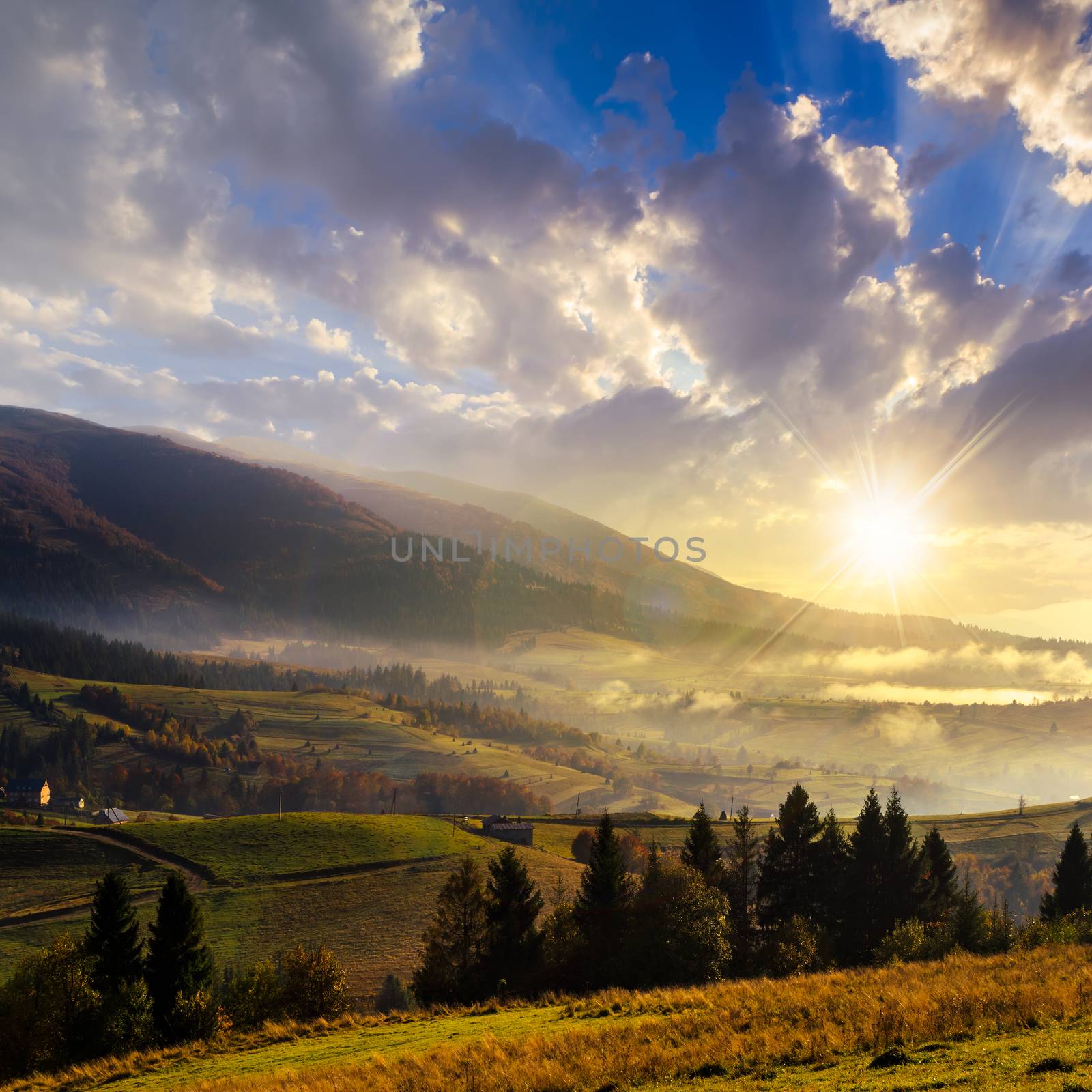autumn landscape. village on the hillside. forest on the mountain light fall on clearing on mountains at sunset