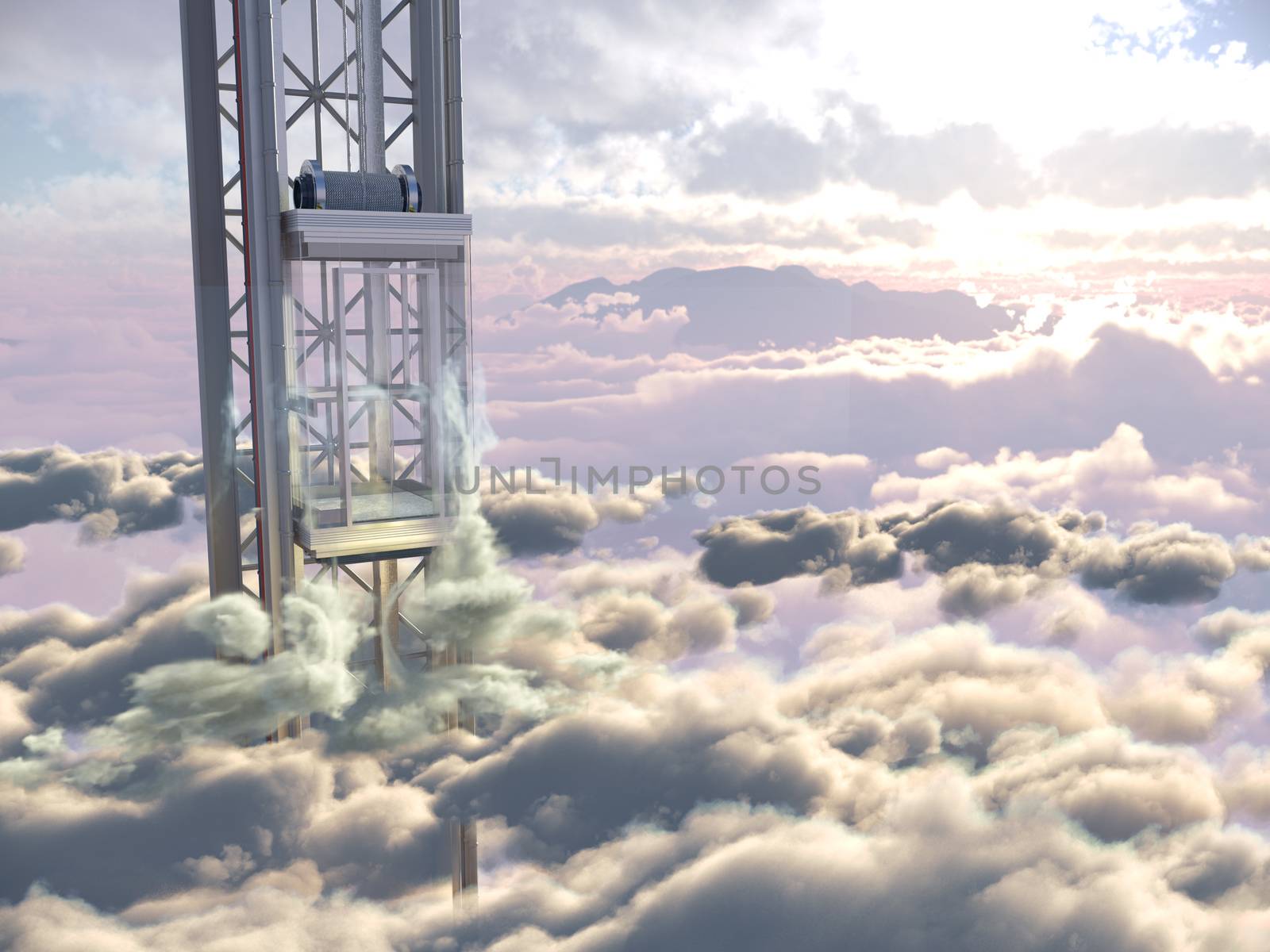 empty sky elevator concept on the sky clouds background concept composition 3d illustration by denisgo