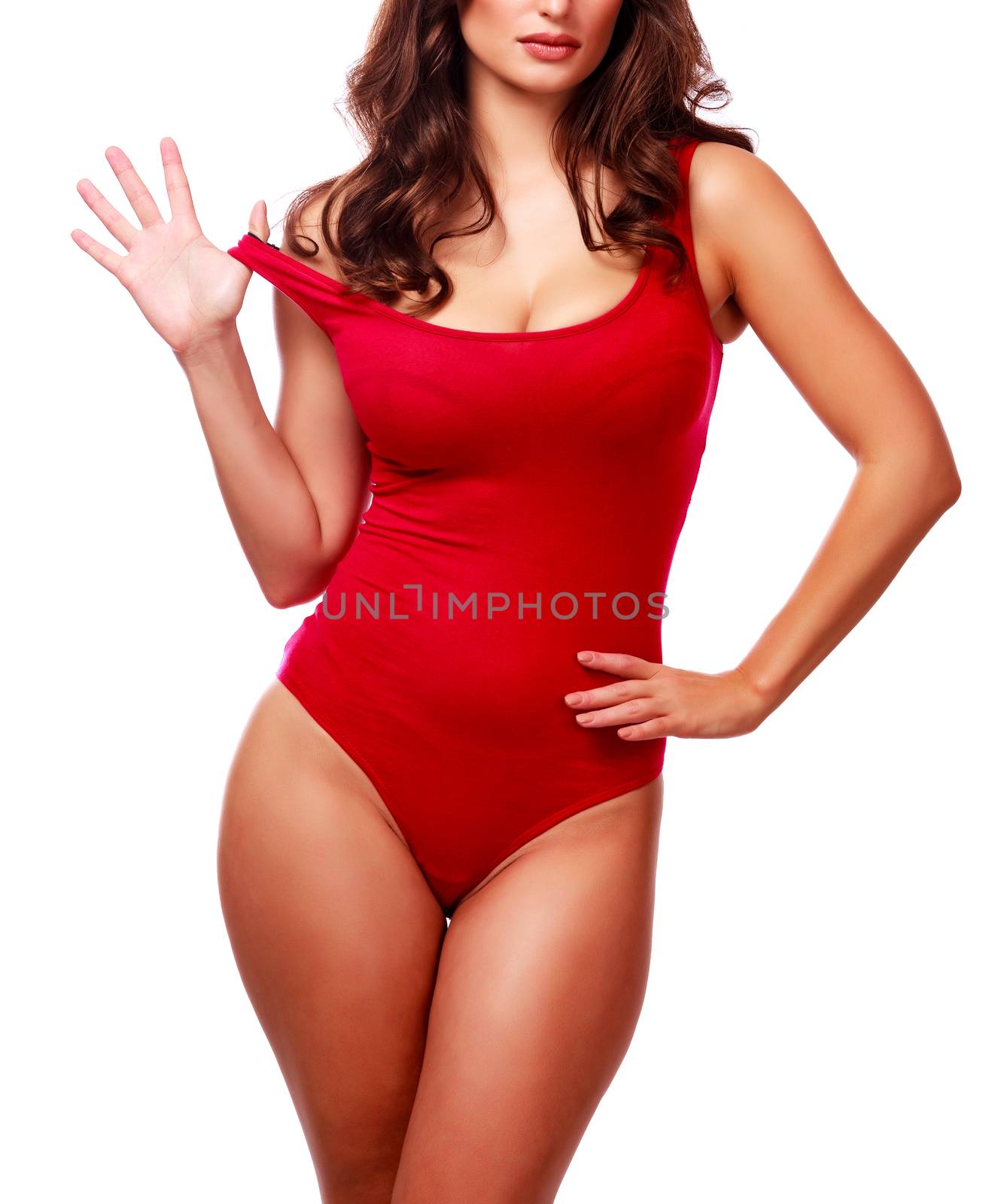 Sexy lady in red underwear, isolated on white background