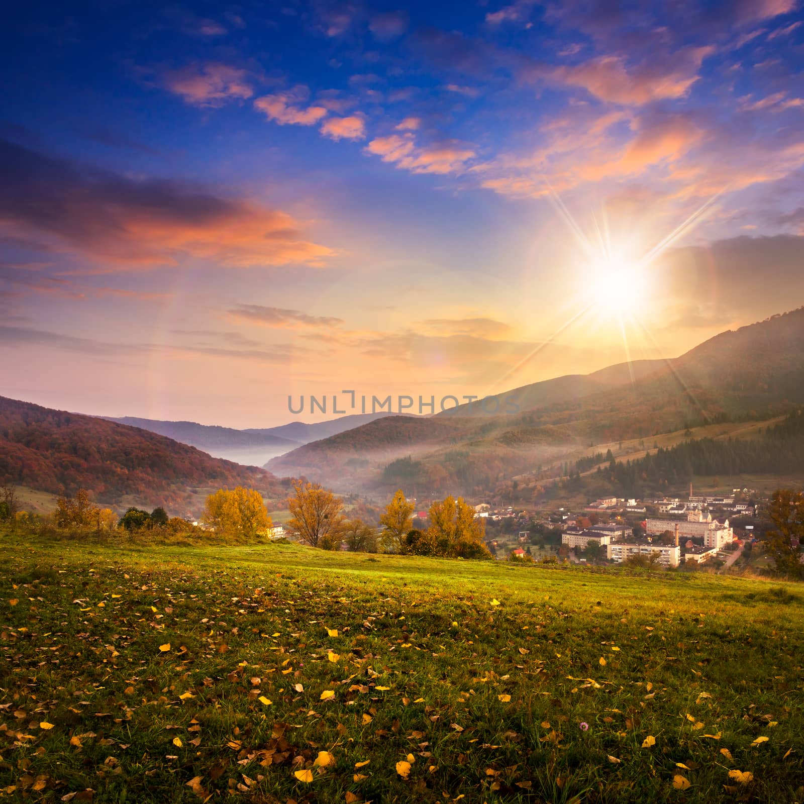 village on hillside meadow with forest in mountain at sunset by Pellinni