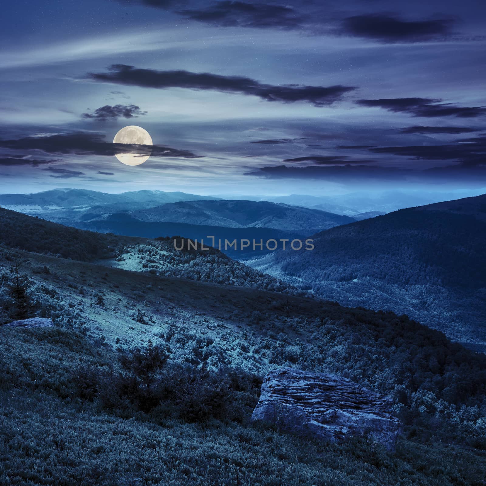 mountain landscape. valley with stones on the hillside. forest on the mountain under the beam of light at the top of the hill at night in full moon light