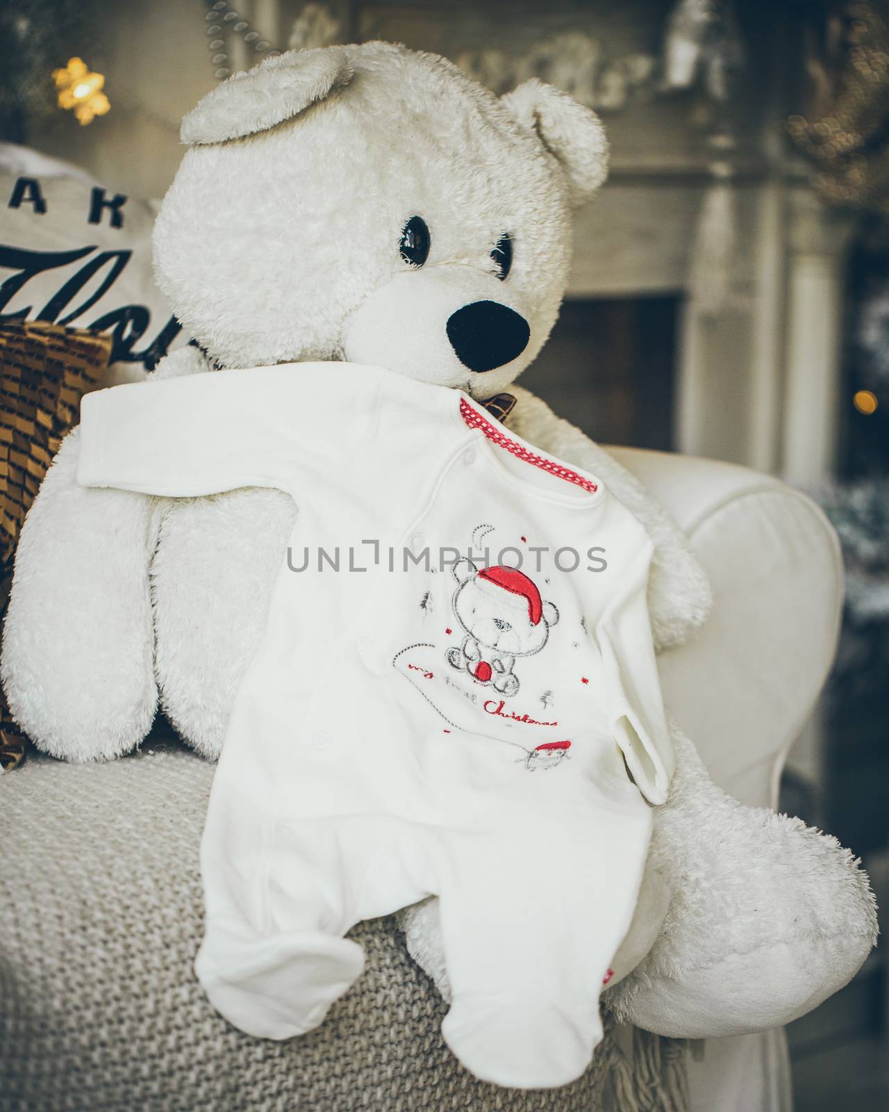 Bear Teddy on the armchair with baby sliders