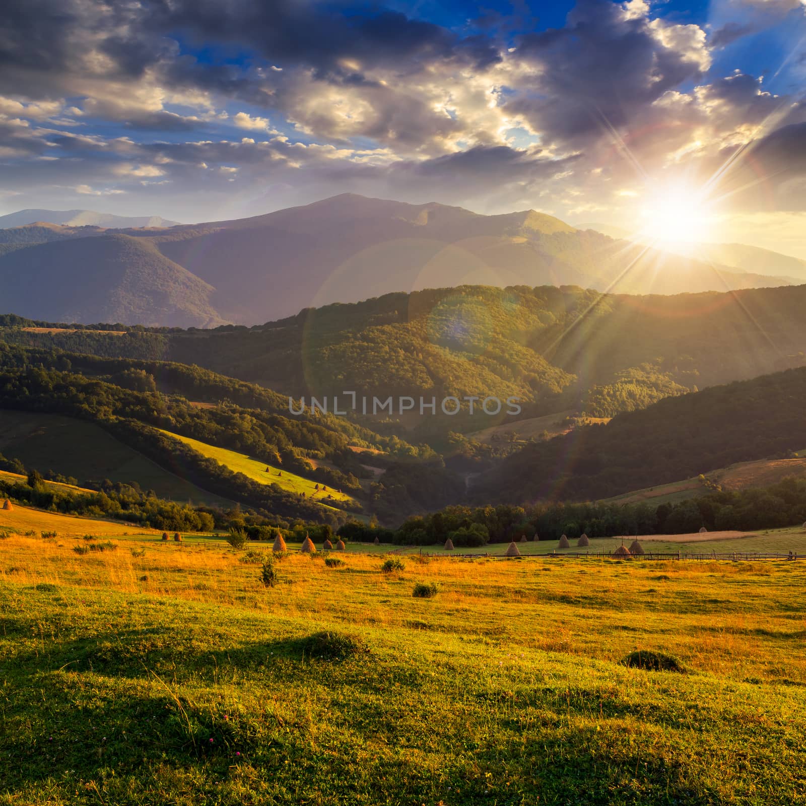 field on hillside near village at sunset by Pellinni