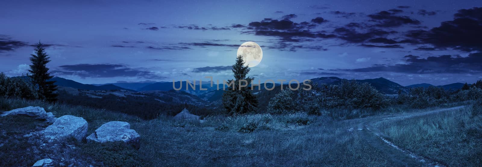 boulders on hillside meadow in mountain at night by Pellinni