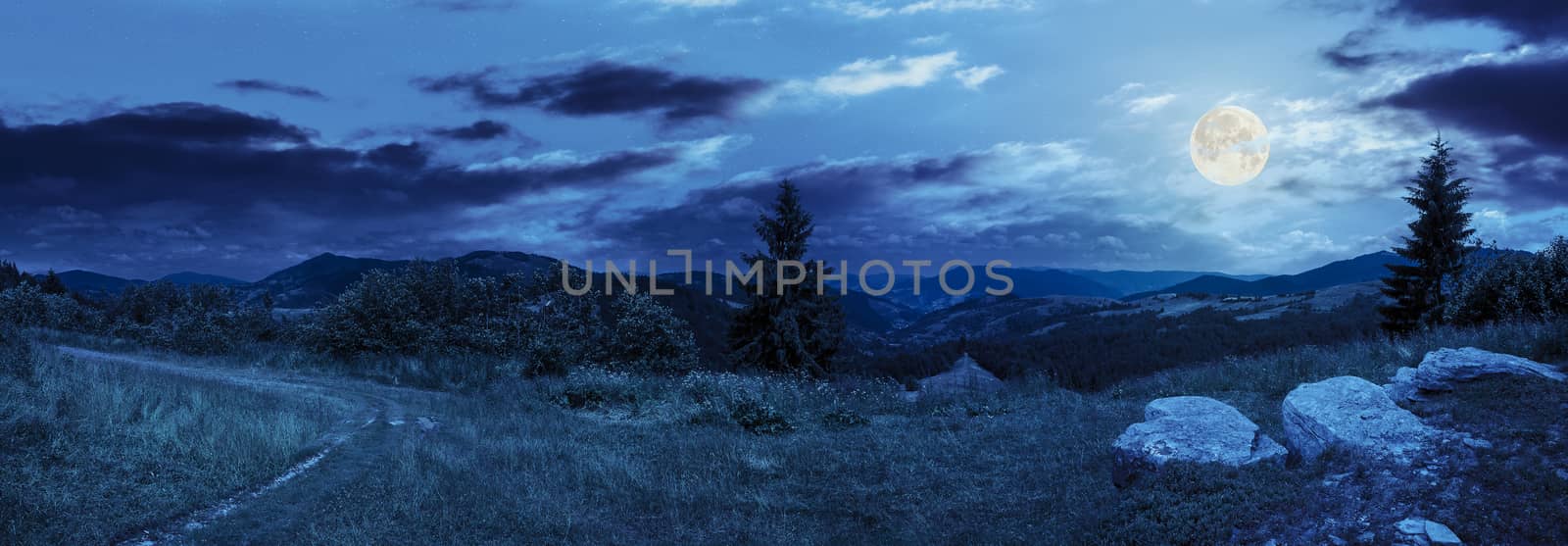 boulders on hillside meadow in mountain at night by Pellinni