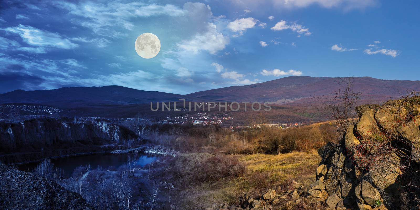 day and night collage of small lake in an abandoned stone quarry in the mountains outside the city with full moon
