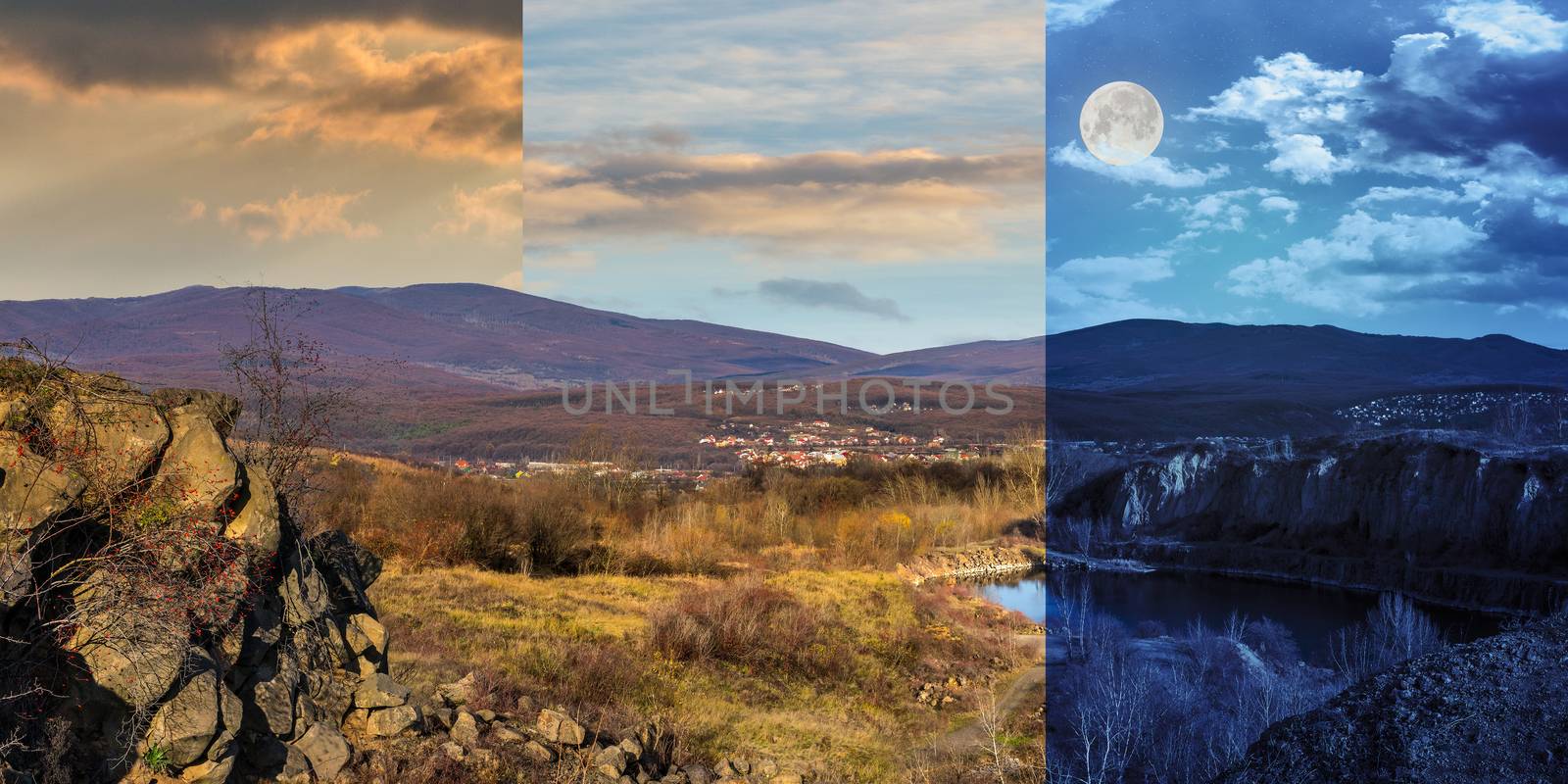 day and night collage of small lake in an abandoned stone quarry in the mountains outside the city with full moon