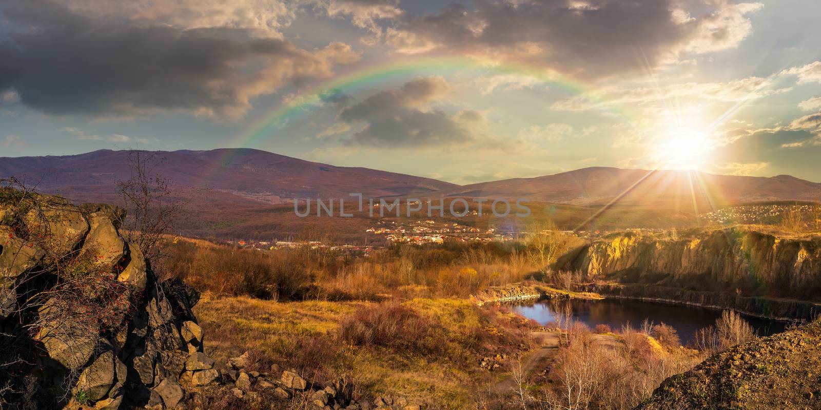 collage of small lake in an abandoned stone quarry in the mountains outside the city in sunset light with rainbow