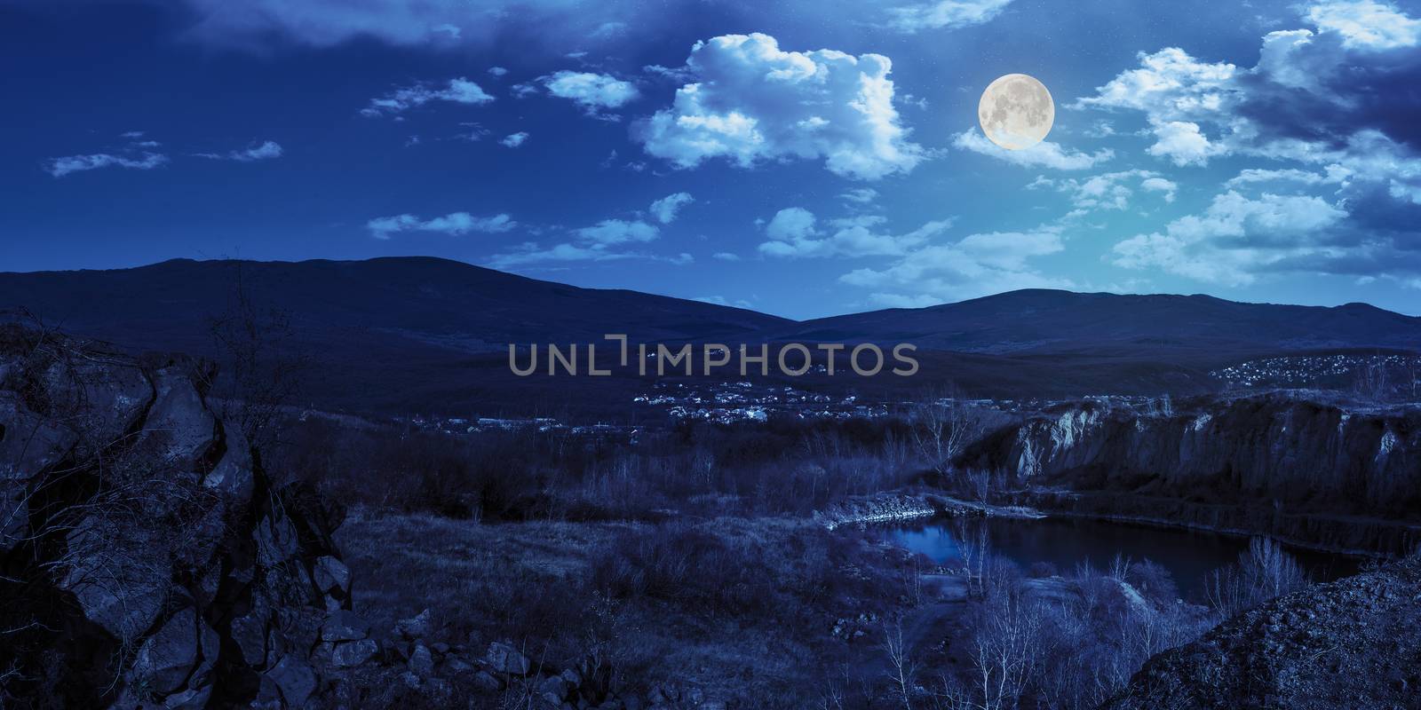 collage of small lake in an abandoned stone quarry in the mountains outside the city at night in full moon light