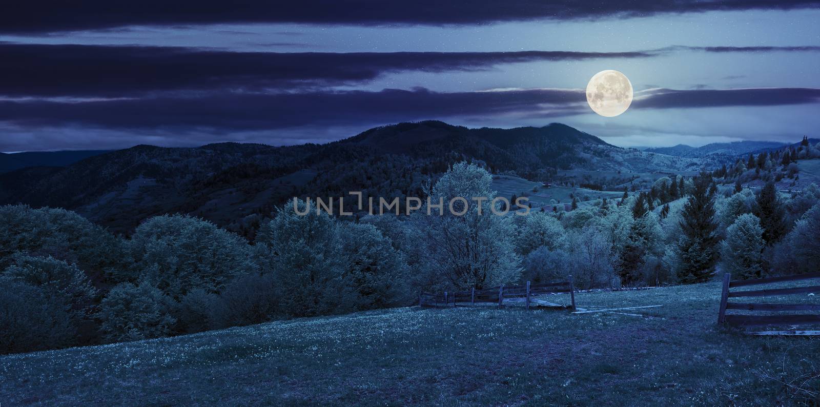 fence on hillside meadow in mountain at night by Pellinni