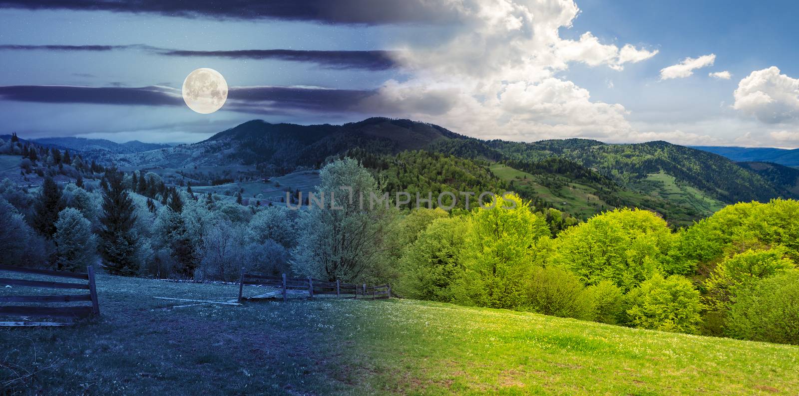 day and night summer panorama landscape collage. fence near the meadow path on the hillside. forest in fog on the mountain with full moon
