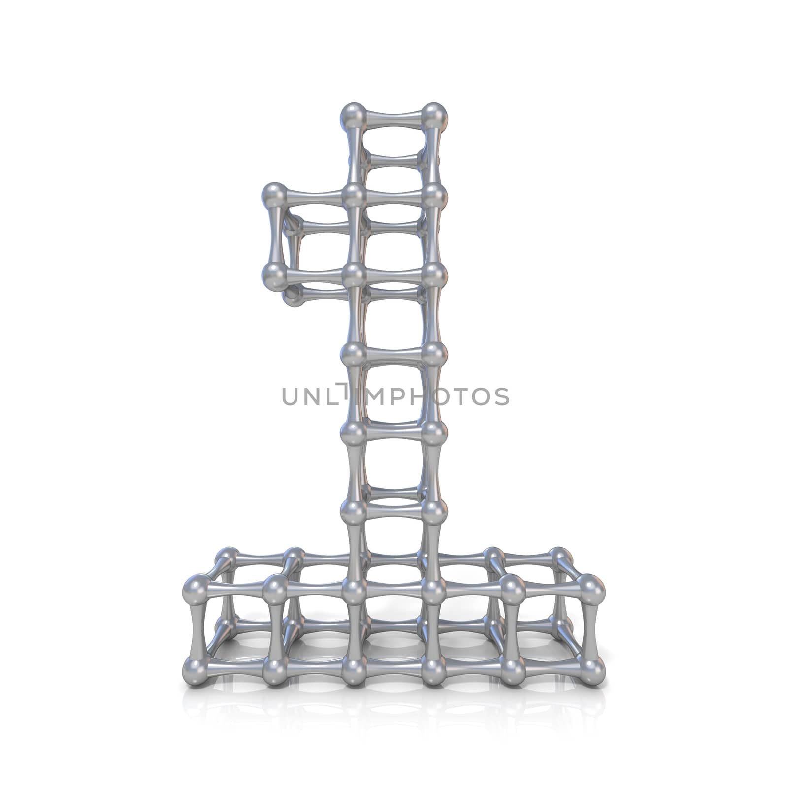 Metal lattice digit number ONE 1 3D render illustration isolated on white background