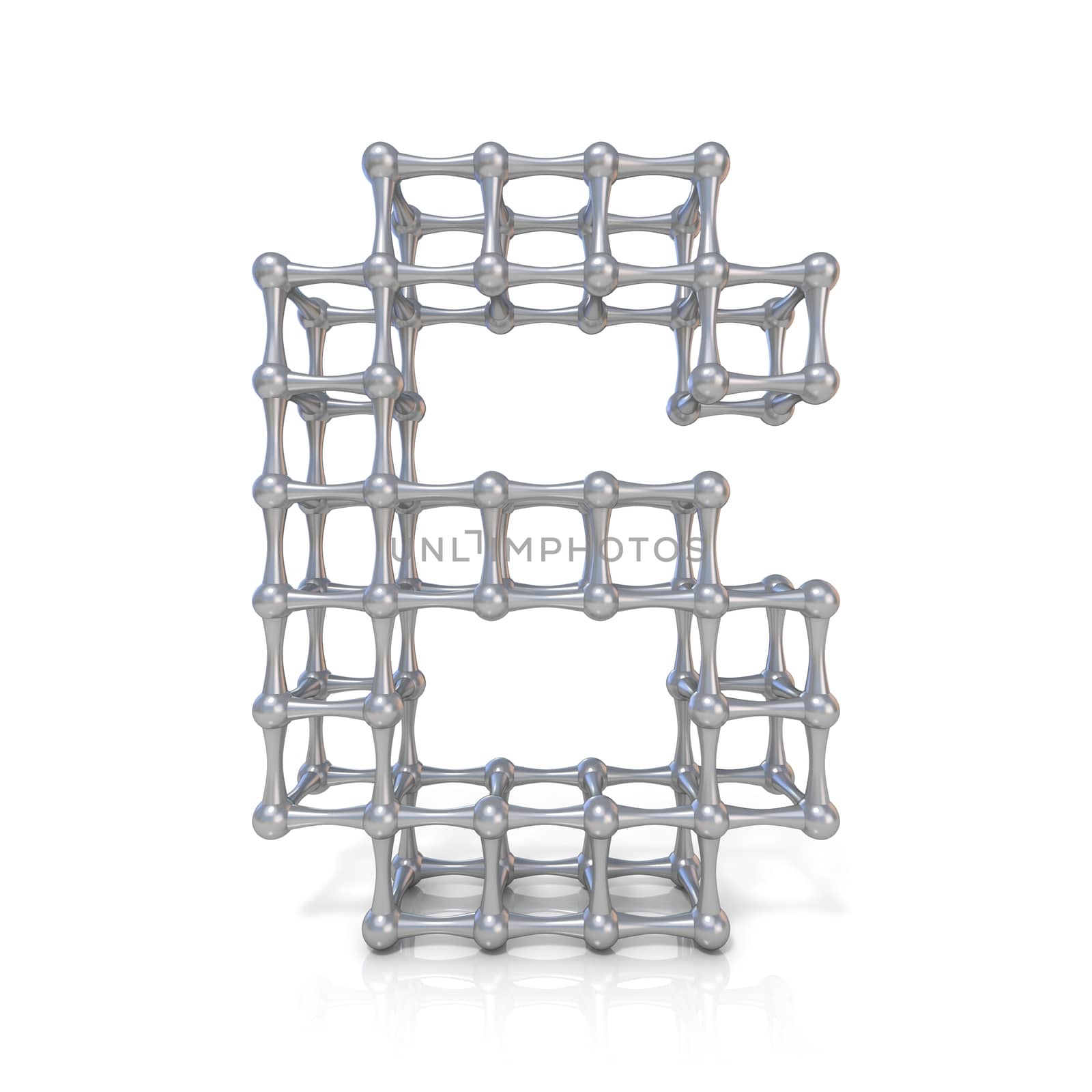 Metal lattice digit number SIX 6 3D render illustration isolated on white background