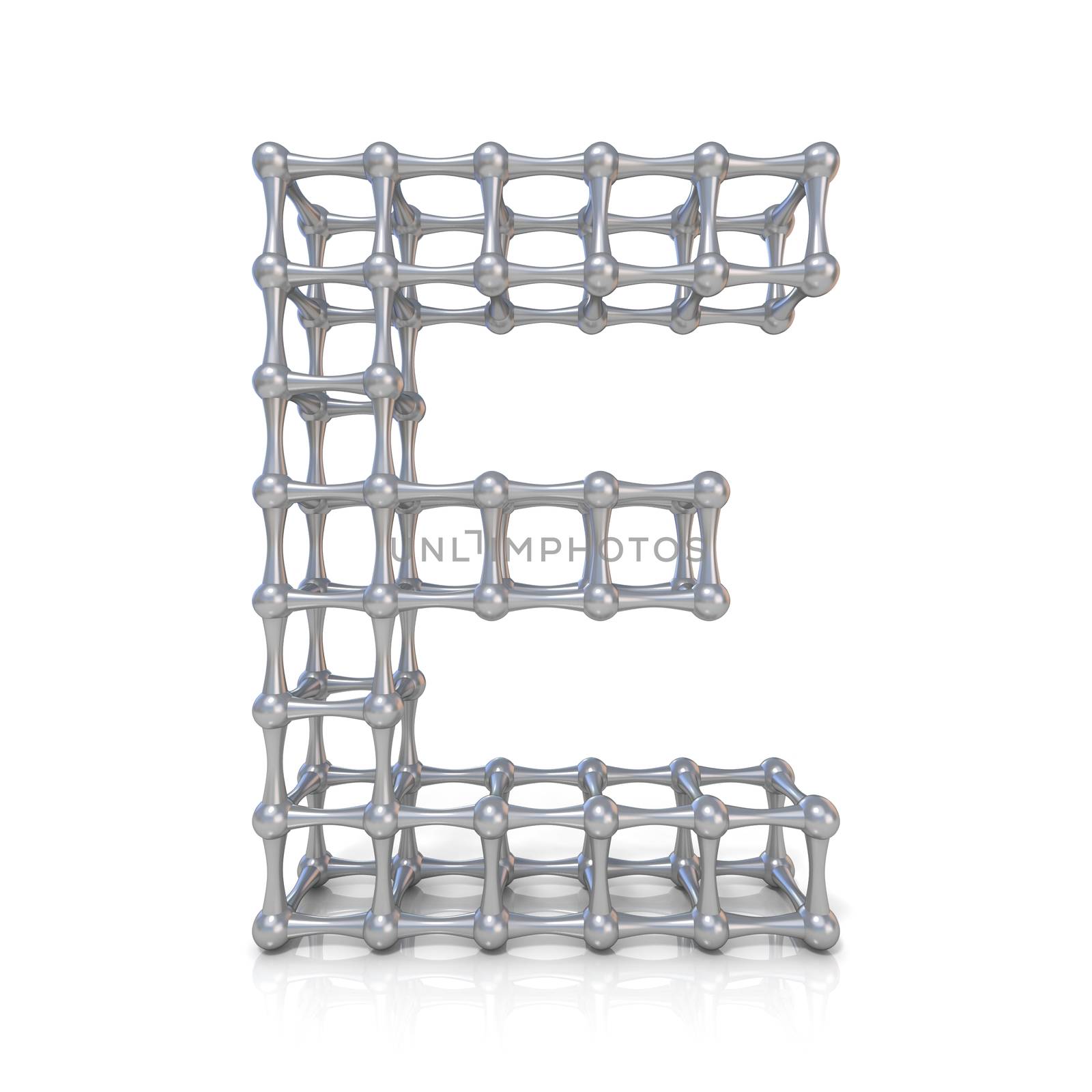 Metal lattice font letter E 3D render illustration isolated on white background