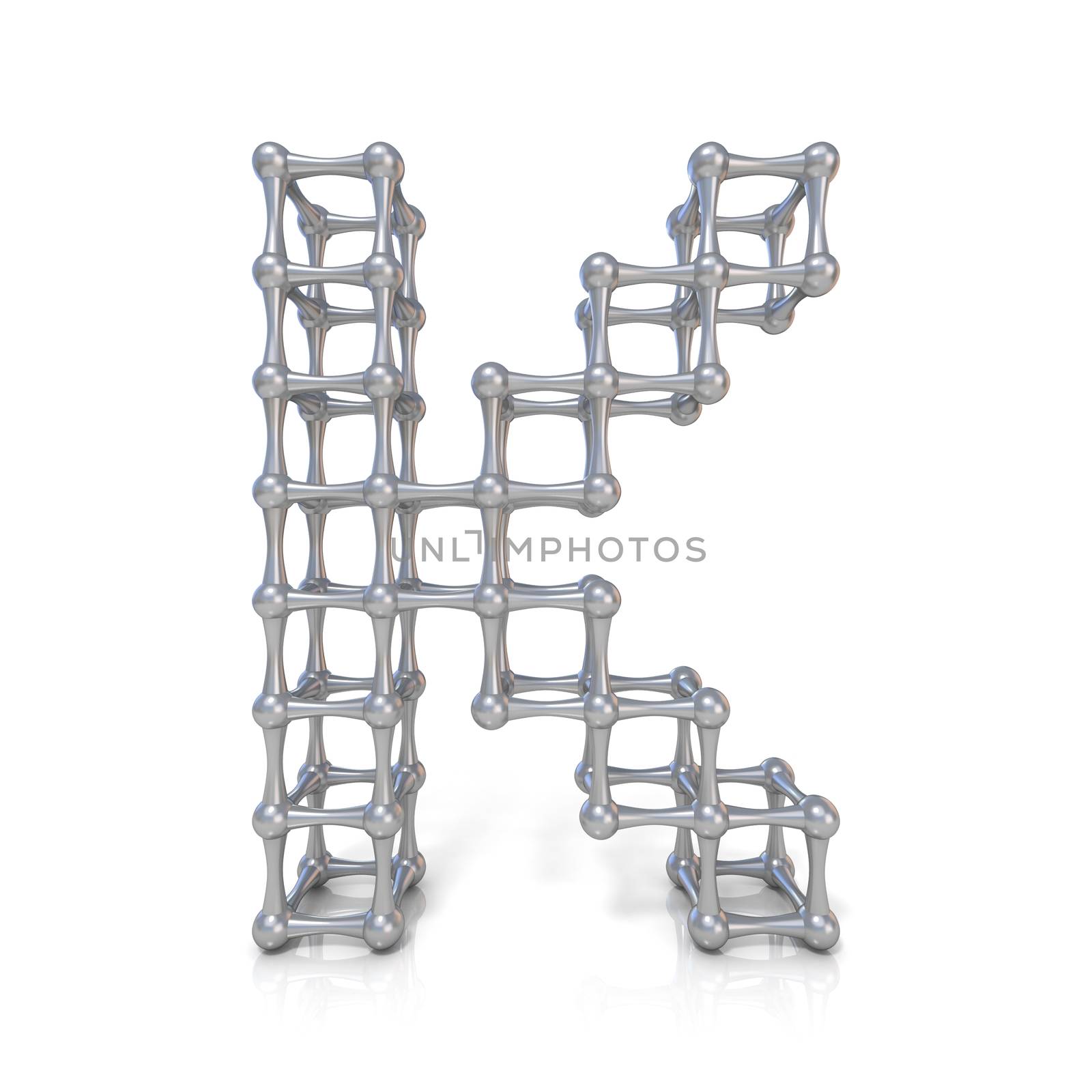 Metal lattice font letter K 3D render illustration isolated on white background