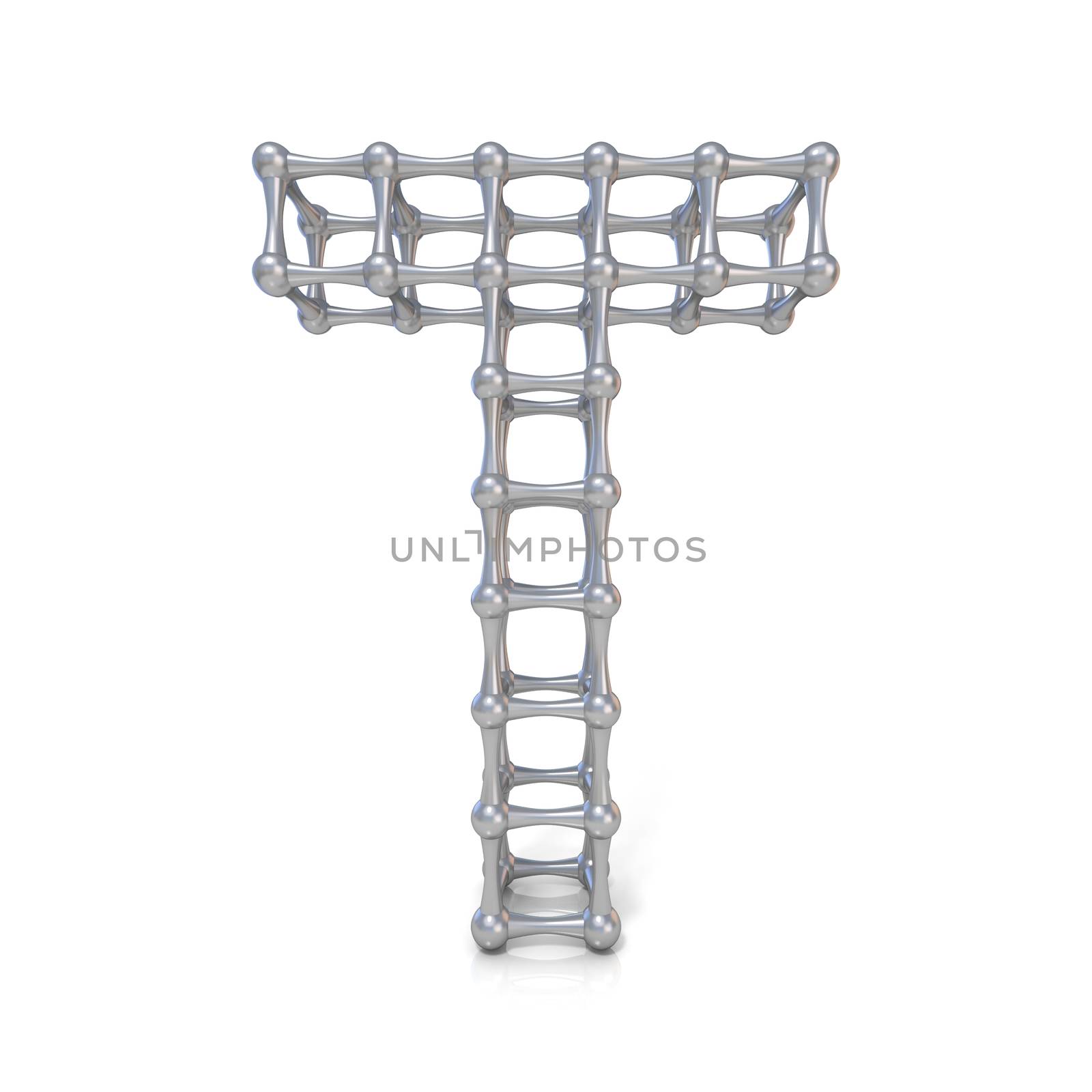 Metal lattice font letter T 3D render illustration isolated on white background