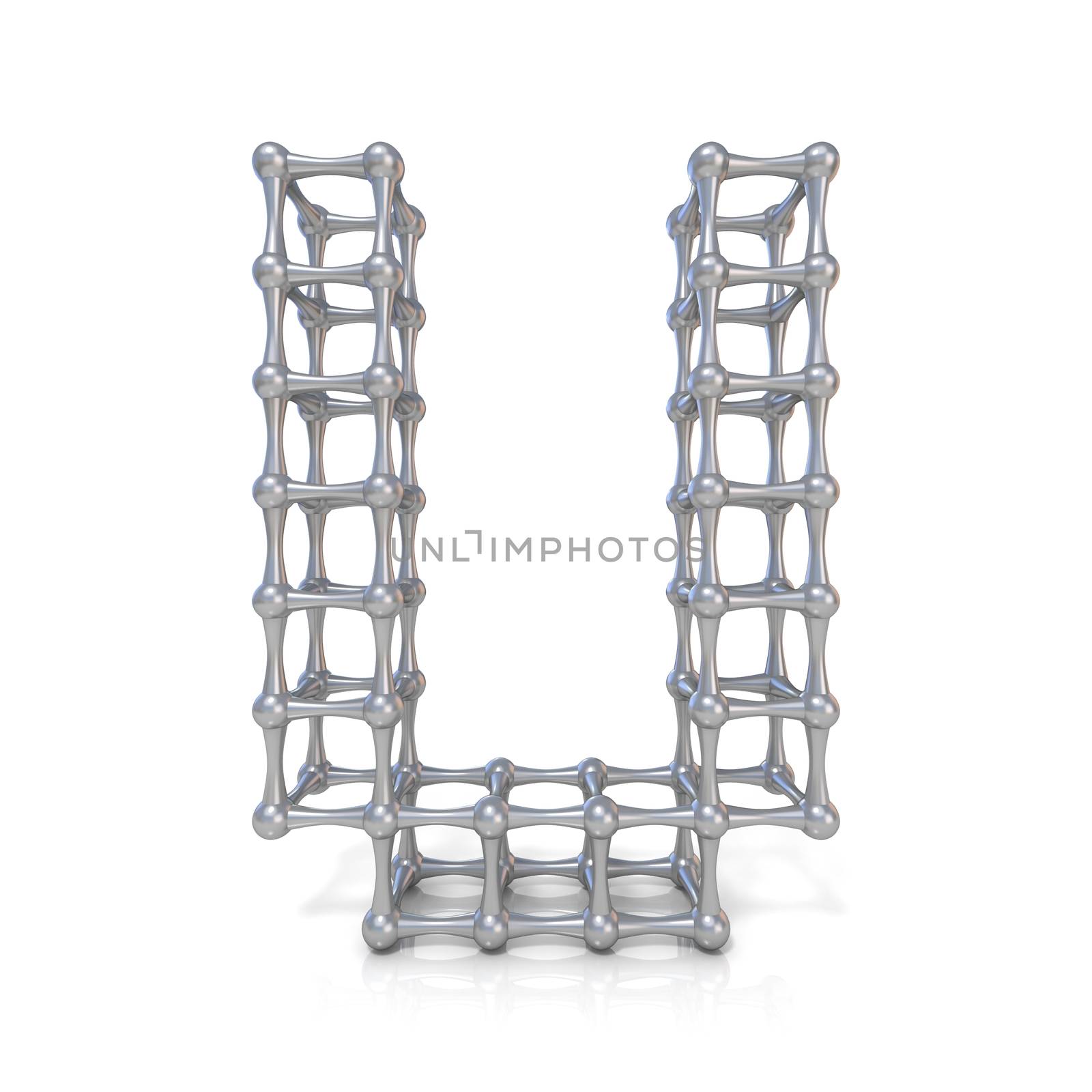 Metal lattice font letter U 3D render illustration isolated on white background