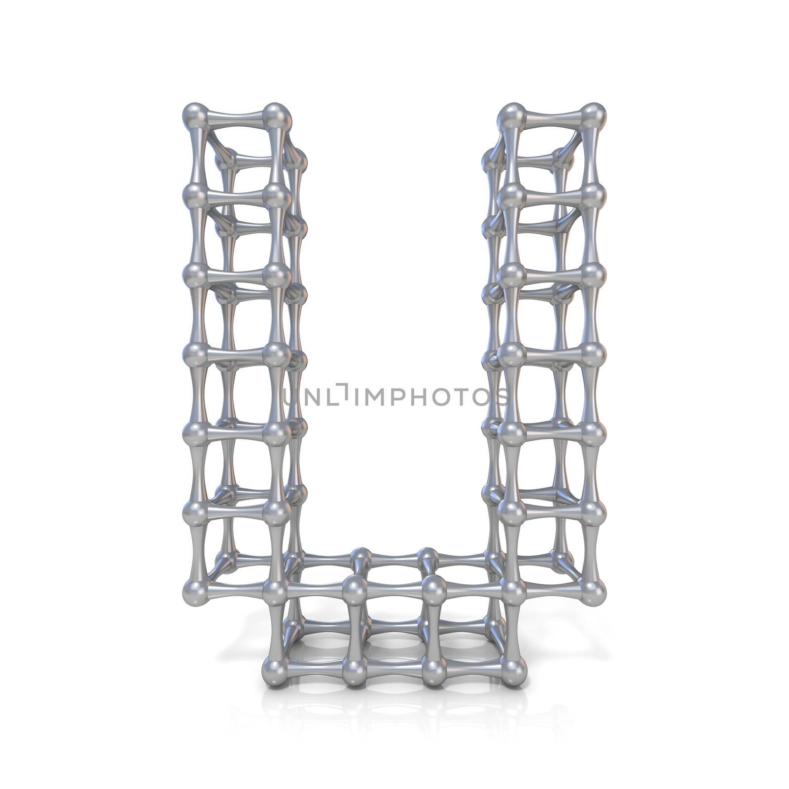 Metal lattice font letter U 3D render illustration isolated on white background