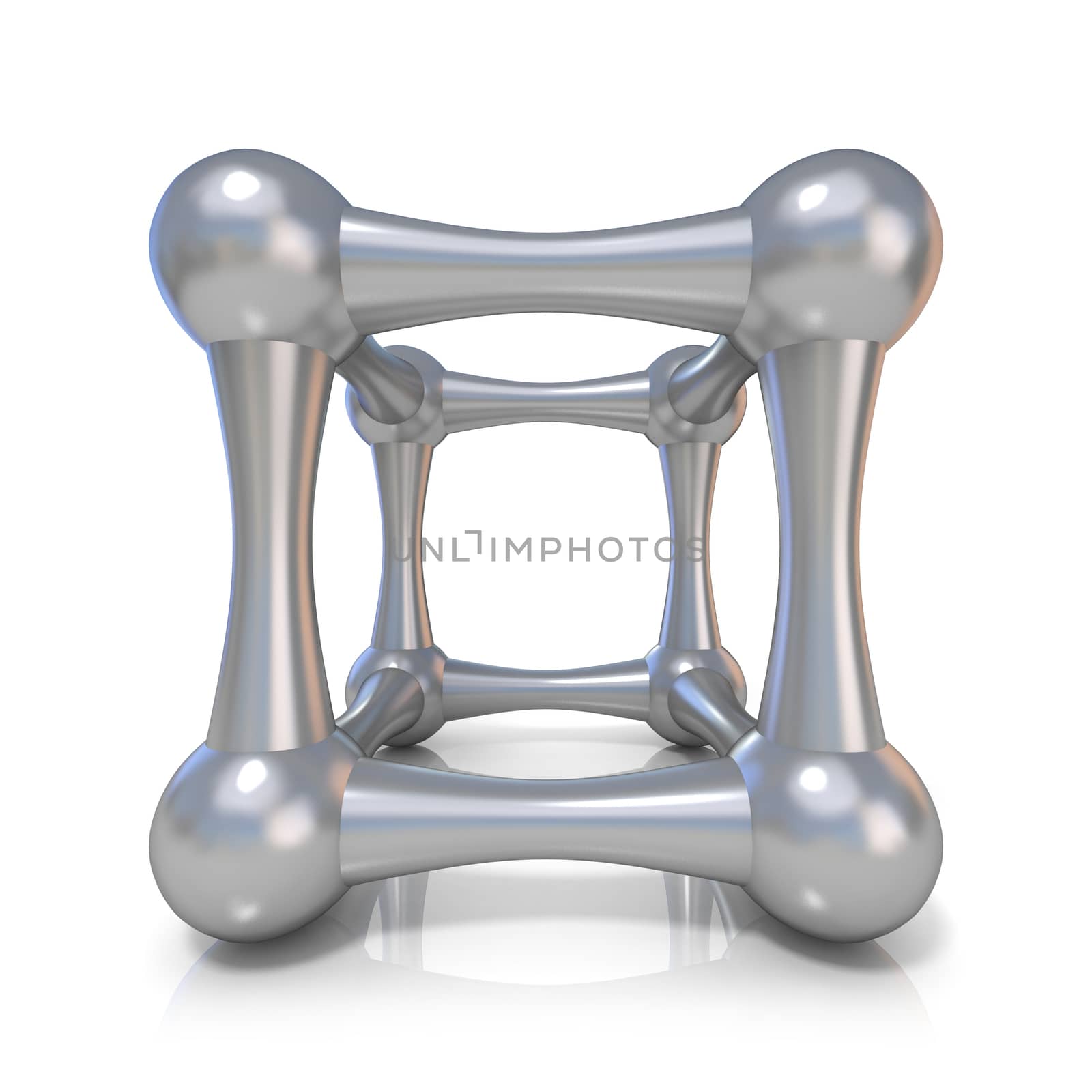 Metal lattice cube. Front view. 3D render illustration isolated on white background