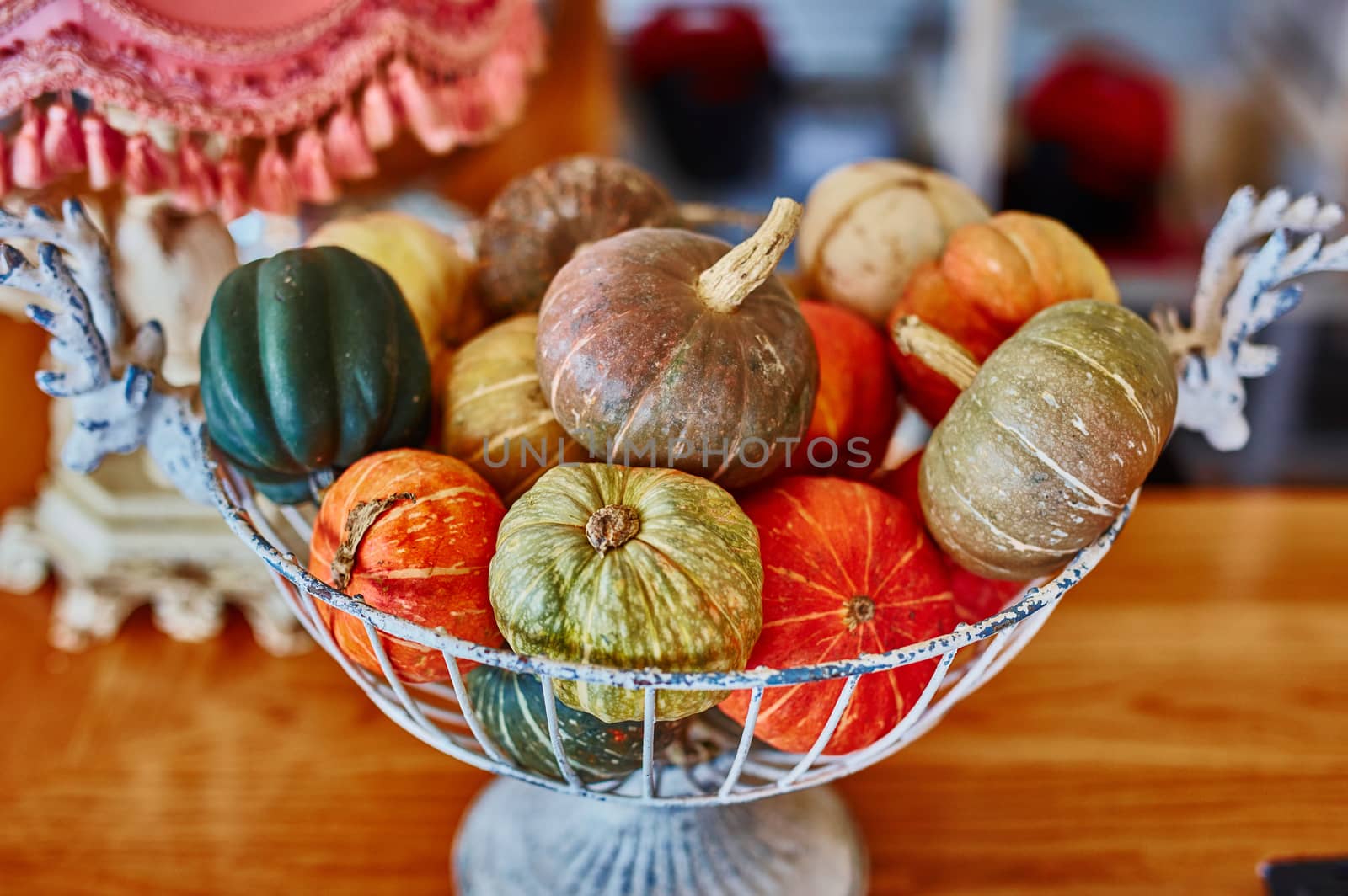 Pumpkins on a table decorating a wedding