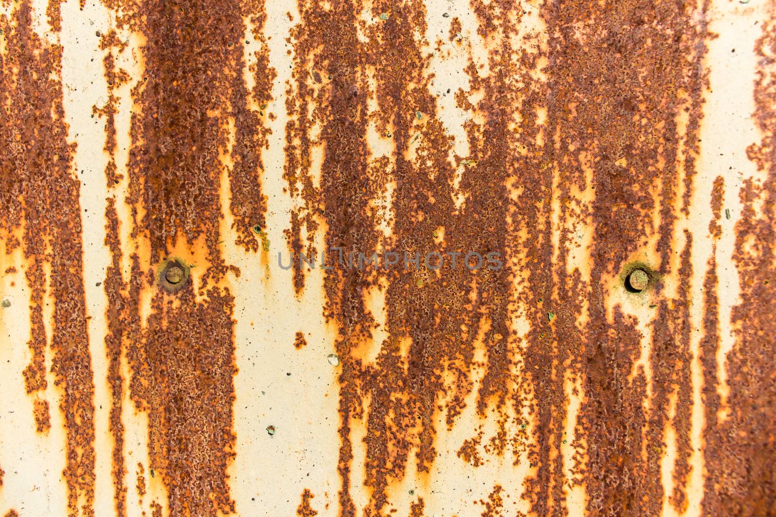 The surface of an old painted rusty steel sheet. Two nail heads. Background or texture.