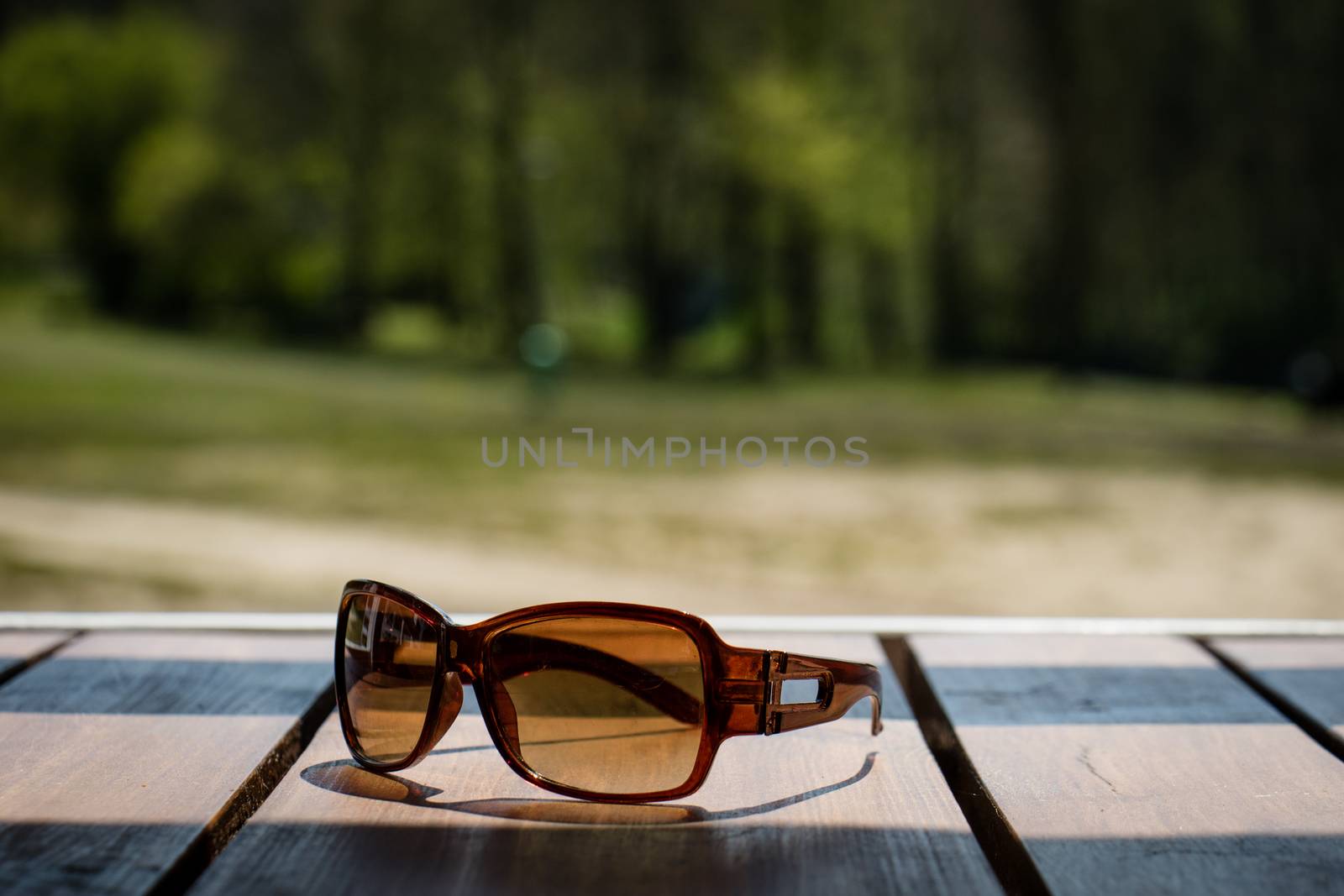Sunglasses on the table in the sun on a wooden table in the background of a spring forest