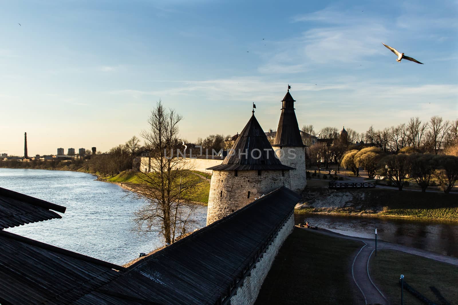 Fortress walls of the ancient Russian city of Pskov. The confluence of two rivers.