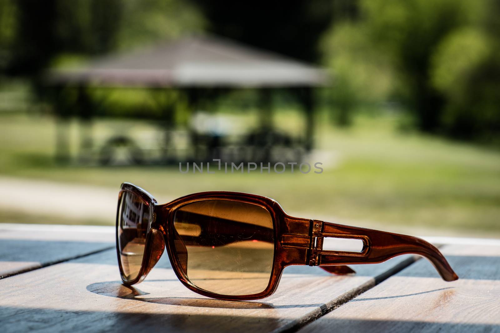 Sunglasses on the table in the sun on a wooden table in the background of a spring forest