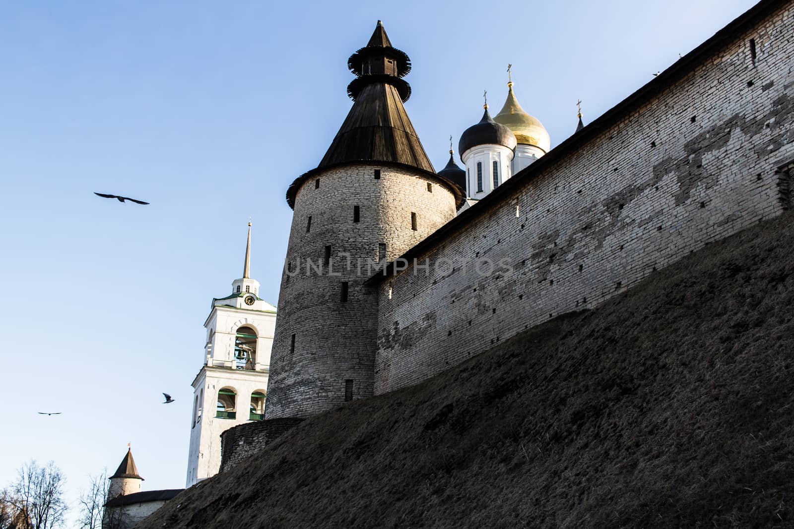The ancient Russian city of Pskov. Fortress wall and limestone tower. Belfry and domes of the Cathedral of the Holy Trinity.