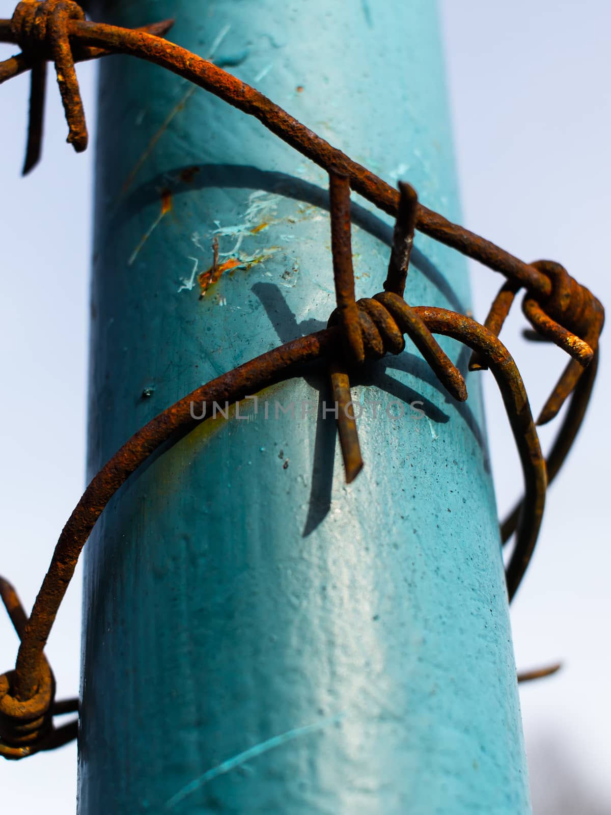 Old rusty barbed wire coiled around painted steel pipe pillar fence