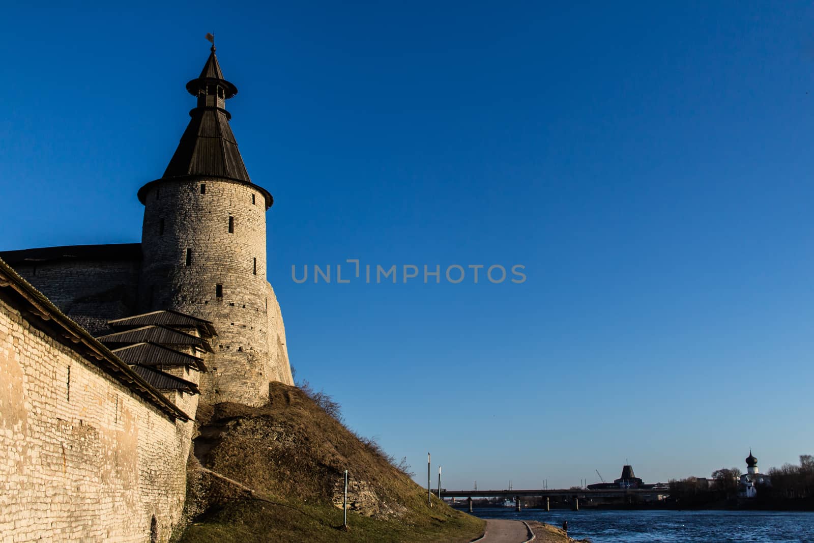 Tower of the Pskov fortress on the bank of the Velikaya River.