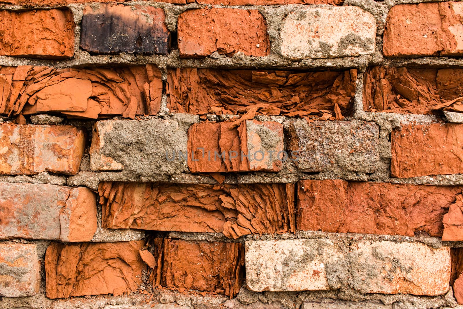 Fragment of weathered red brick wall texture or background.