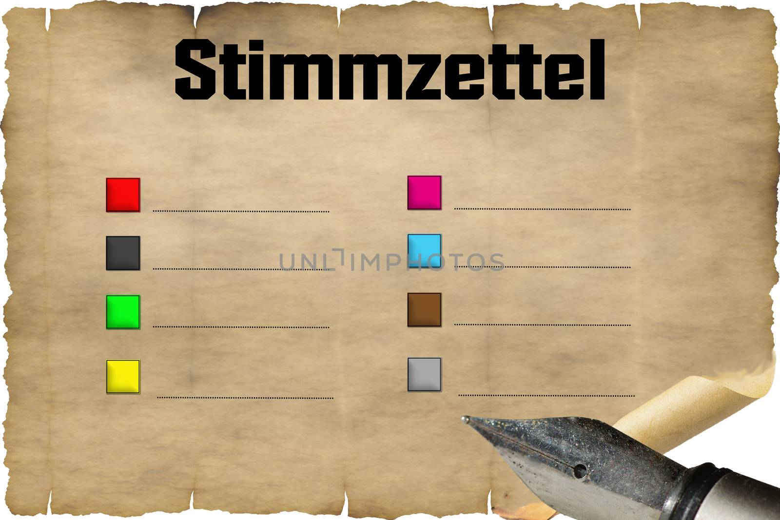 Stimmzettel oder auch Wahlzettel genannt mit verschieden farbigen Kästchen zum Auswählen.
