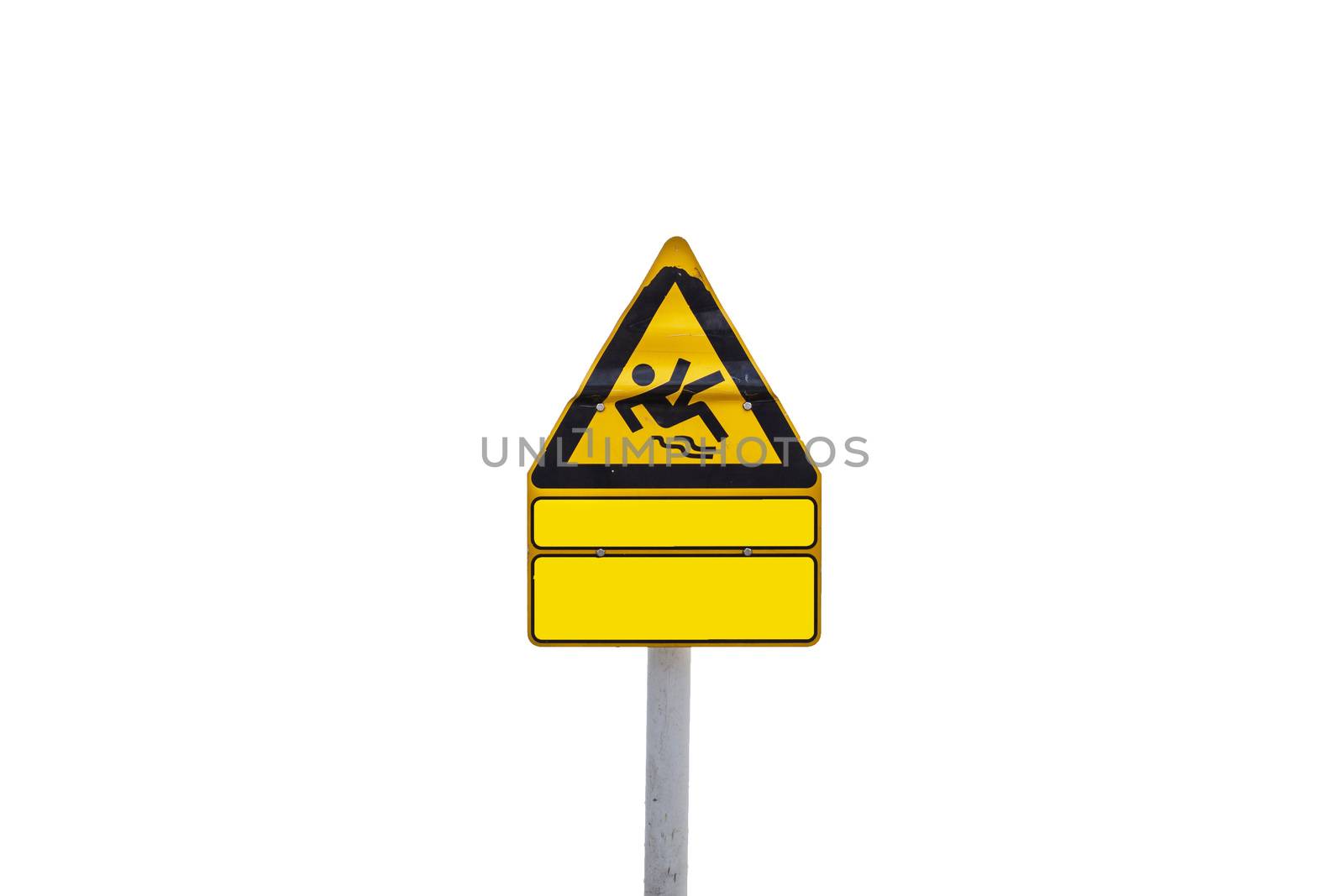 Gelbes dreieckiges Hinweisschild, Warntafel Rutschgefahr.
