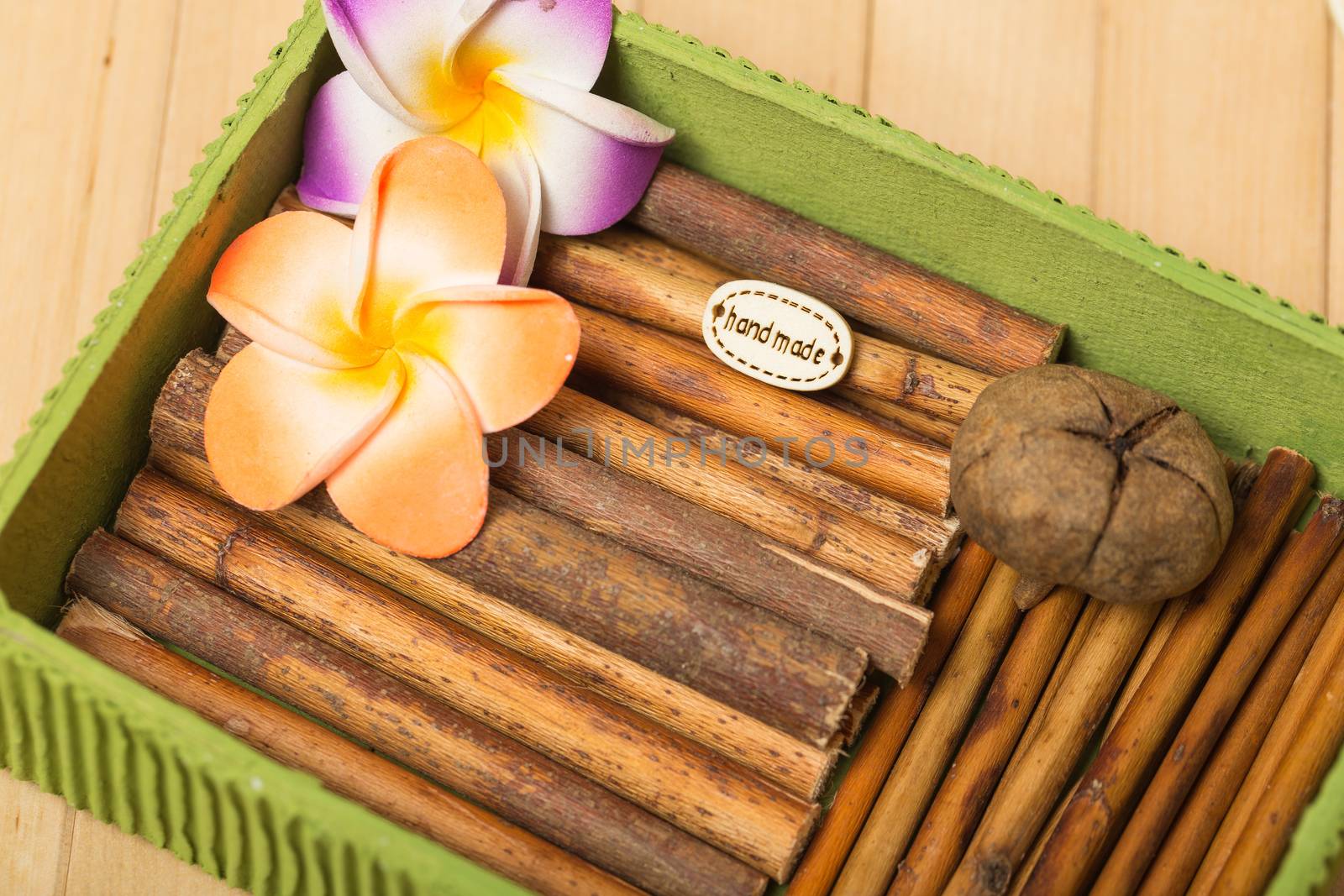 Accessories for scrapbooking in a box of sticks, flowers