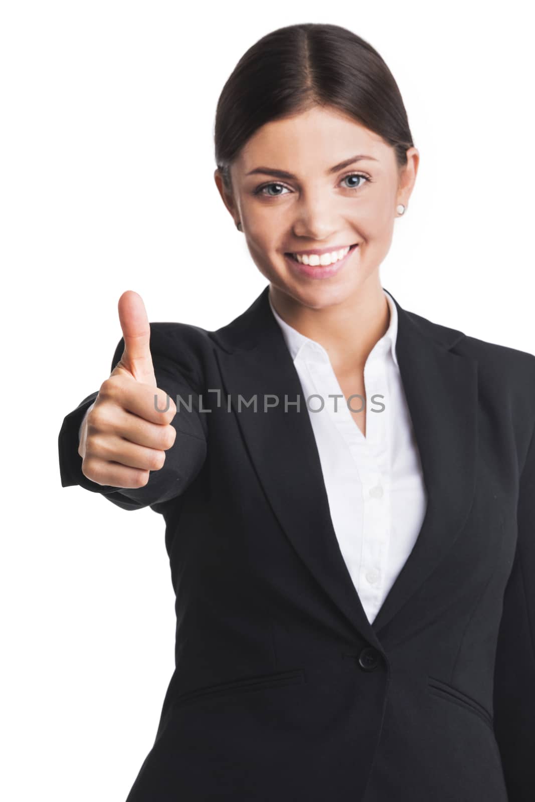 Happy smiling businesswoman showing thumb up isolated on white background
