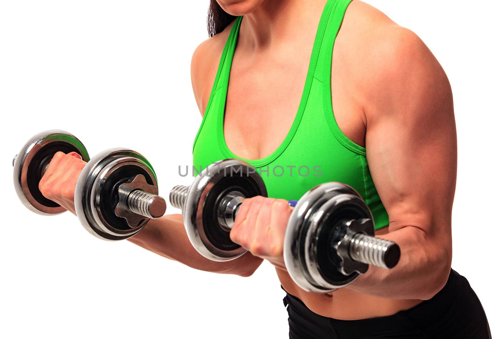 Sexy young fitness woman doing workout with dumbbells, isolated on white background